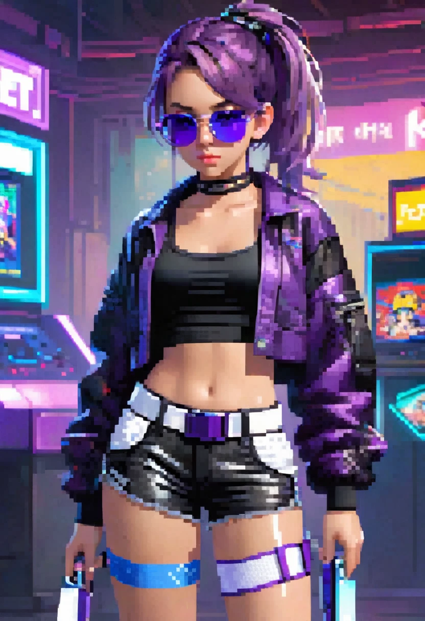 young girl, who wears a short jacket and a crop top, covering her upper body, exposing the navel. She also wears black buttonless shorts with a decorative piece of black and purple fabric, which hangs from the back, and also a white belt, with a gaming console attached to his hip. She has purple sunglasses on her head, , which she ties her hair into a loose ponytail. She also wears a pair of black ones, white and blue shoes, and also a knife, attached to her right leg, and short fishnets on the left calf. Besides, she has blue bandages on her left knee and lower back.