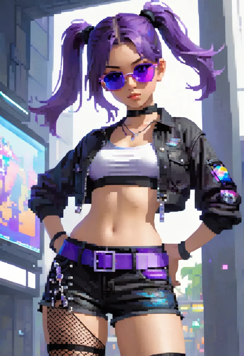 young girl, who wears a short jacket and a crop top, covering her upper body, exposing the navel. She also wears black buttonless shorts with a decorative piece of black and purple fabric, which hangs from the back, and also a white belt, with a gaming console attached to his hip. She has purple sunglasses on her head, , which she ties her hair into a loose ponytail. She also wears a pair of black ones, white and blue shoes, and also a knife, attached to her right leg, and short fishnets on the left calf. Besides, she has blue bandages on her left knee and lower back.