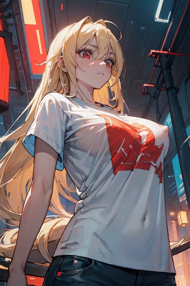 optimal,masterpiece,high resolution,best quality,Ultra HD,Very detailed,The award-winning,16K,Solitary,(Upper Body),Correct anatomy,Beautiful cyberpunk girl,Cowboy shooting、Cute face,,Blonde、Long hair、Double tail、Weaving, hairline,((Scarlet eyes)),Long eyelashes,Drooping corners of the eyes,White skin,((Shot from below)), ((t-shirt:1.5)), Clock top、((Clear nipples))、Rocket , (Large Breasts),(because I'Thin)