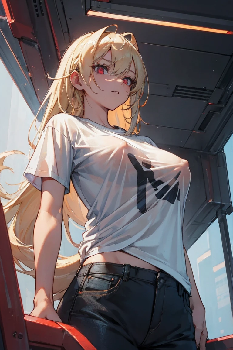 optimal,masterpiece,high resolution,best quality,Ultra HD,Very detailed,The award-winning,16K,Solitary,(Upper Body),Correct anatomy,Beautiful cyberpunk girl,Cowboy shooting、Cute face,,Blonde、Long hair、Double tail、Weaving, hairline,((Scarlet eyes)),Long eyelashes,Drooping corners of the eyes,White skin,((Shot from below)), ((t-shirt:1.5)), Clock top、((Clear nipples))、Rocket , (Large Breasts),(because I'Thin)