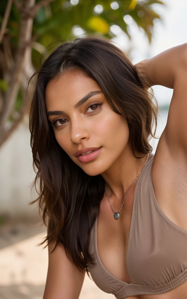 (Jewellry:1.3), very warm colors, tan skin, beautiful brunette, (high detailed face), (high detailed skin texture), (high detailed hair), (high detailed eyes), brown eyes, (long straigh dark hair), 1 girl, 20 years old, brown skin, face thin nose, photography, ultra-realistic, 8k, backlit, white crop top, perfect teeth, fit girl, bottom-up view, shiny hair,  ((perfect hands))