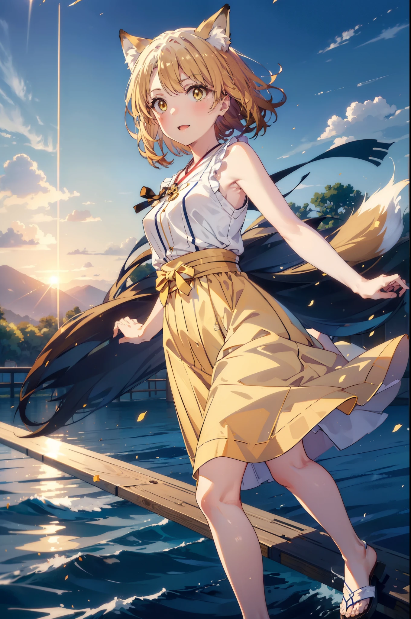 Irohaisshiki, isshiki iroha,Short Hair, Brown Hair, (Brown eyes:1.5), happy smile, smile, Open your mouth,animal(Fox Ears,Fox tail),Yellow sleeveless dress,Yellow long skirt,Cute Sandals,Carrier,background(Ships at anchor),port,My hair is blowing in the wind,Holding her hair with her right hand,whole bodyがイラストに入るように,Are standing,morning,morning陽,The sun is rising,Cruise,
break outdoors, port,Ocean,
break looking at viewer,whole body,
break (masterpiece:1.2), Highest quality, High resolution, unity 8k wallpaper, (shape:0.8), (Beautiful and beautiful eyes:1.6), Highly detailed face, Perfect lighting, Highly detailed CG, (Perfect hands, Perfect Anatomy),