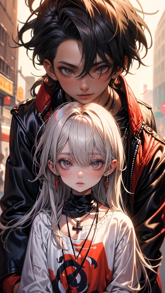 (8K, hight resolution, ultra-detailliert), Gay Couple,​masterpiece, top-quality, 2Others, Male couple, 1 man and 1,((2man)), Adults, Height difference, different fashion, different color, finely eye and detailed face, intricate detailes, Fashion, Modern urban streets, A smile, Happiness, tenderness, queers, Boys Love, high-level image quality、 Two beautiful men、tall、nightfall、nighttime scene、Korean Male, k pop, Professional Photos, Vampires, Fedoman with necklace, inspired by Sim Sa-jeong, androgynous vampire, :9 detailed face: 8, extra detailed face, detailed punk hair, ((eyes are brown)) baggy eyes, Seductive. Highly detailed, semi realistic anime, Vampire deacon, hyperrealistic , delicate androgynous prince, 