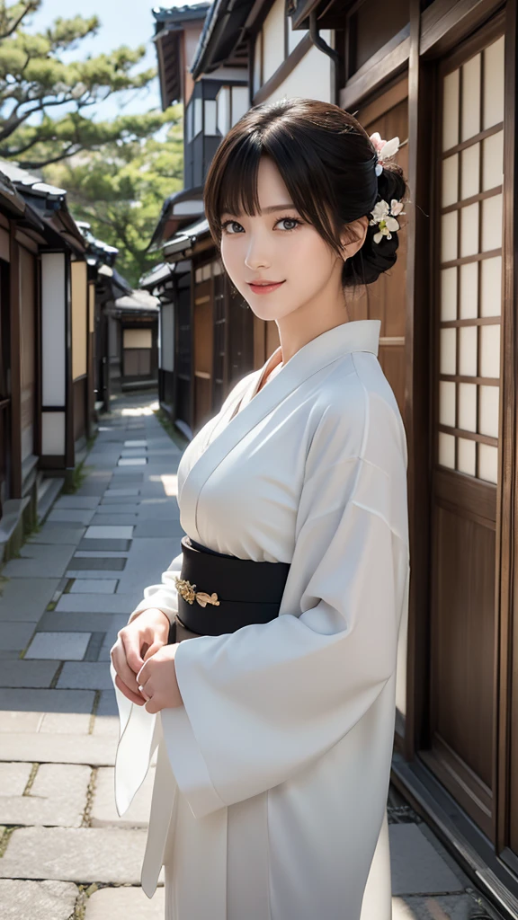 Professional Lighting,(Photorealistic:1.4), (Top image quality:1.0), (超High resolution:1.0), 8K, Raw photography, (masterpiece:0.2), (Facing the children_v1:0.5)、(最高quality Detail:1.2)、Realistic、8K えー、High resolution、(1 Girl:1.2)、超detailedな、High quality textures、Intricate details、detailed、Very detailed CG、High quality shadows、detailed 美しく繊細な顔、Beautiful details and a delicate eye、(Symmetrical eyes:1.2),Written boundary depth、Ray Tracing,1 Girl, Japanese Girls, (Natural smile:1.4),cute, thin, Portrait of a beautiful Japanese woman in a kimono, Standing elegantly on a street corner in Kyoto. 伝統的な柄がwonderful着物です, Hair decorated with elegant and delicate hairpins, Gentle expression. (With the old streets of Kyoto in the background:1.4)、The soft light of a spring afternoon、Adding tranquility to the scene. Rendered in a Realistic style with great attention to detail, High resolutionの画像.Sky Porn, Magic Hour, (Realistic:1.3), finely, quality, (Tabletop:1.2), (Realistic:1.2), (最高quality), (複雑なdetailed), dramatic, Ray Tracing, photograph, +roller, colorful、wonderful、The ultimate beauty