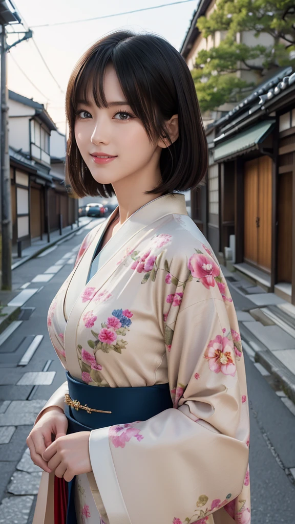 Professional Lighting,(Photorealistic:1.4), (Top image quality:1.0), (超High resolution:1.0), 8K, Raw photography, (masterpiece:0.2), (Facing the children_v1:0.5)、(最高quality Detail:1.2)、Realistic、8K えー、High resolution、(1 Girl:1.2)、超detailedな、High quality textures、Intricate details、detailed、Very detailed CG、High quality shadows、detailed 美しく繊細な顔、Beautiful details and a delicate eye、(Symmetrical eyes:1.2),Written boundary depth、Ray Tracing,1 Girl, Japanese Girls, (Natural smile:1.4),cute, thin, Portrait of a beautiful Japanese woman in a kimono, Standing elegantly on a street corner in Kyoto. 伝統的な柄がwonderful着物です, Hair decorated with elegant and delicate hairpins, Gentle expression. (With the old streets of Kyoto in the background:1.4)、The soft light of a spring afternoon、Adding tranquility to the scene. Rendered in a Realistic style with great attention to detail, High resolutionの画像.Sky Porn, Magic Hour, (Realistic:1.3), finely, quality, (Tabletop:1.2), (Realistic:1.2), (最高quality), (複雑なdetailed), dramatic, Ray Tracing, photograph, +roller, colorful、wonderful、The ultimate beauty