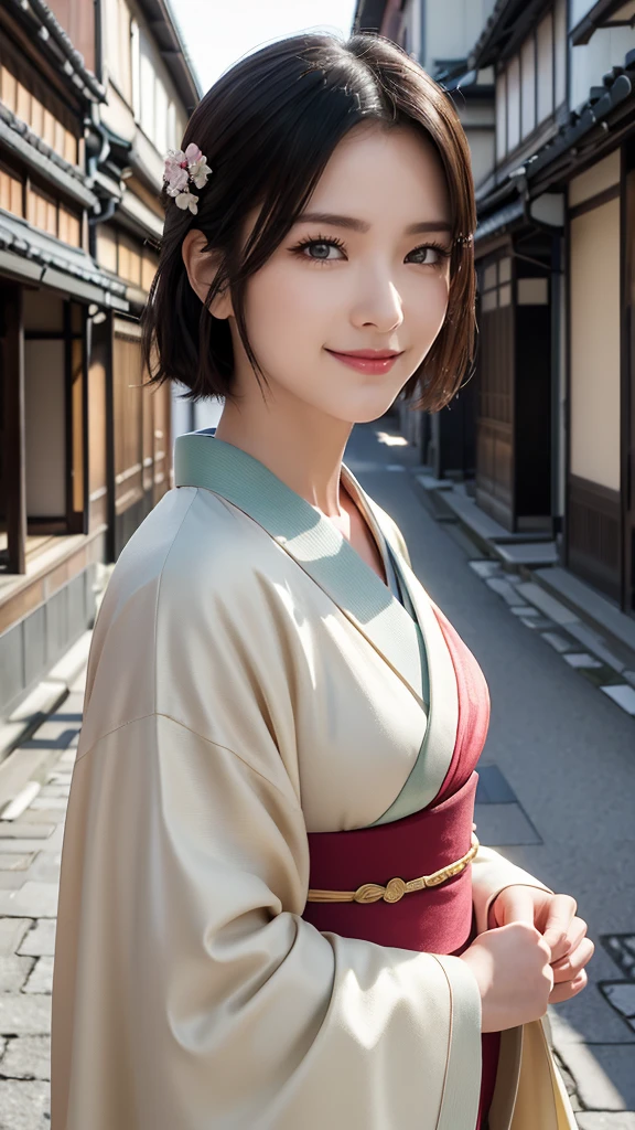 Professional Lighting,(Photorealistic:1.4), (Top image quality:1.0), (超High resolution:1.0), 8K, Raw photography, (masterpiece:0.2), (Facing the children_v1:0.5)、(最高quality Detail:1.2)、Realistic、8K えー、High resolution、(1 Girl:1.2)、超detailedな、High quality textures、Intricate details、detailed、Very detailed CG、High quality shadows、detailed 美しく繊細な顔、Beautiful details and a delicate eye、(Symmetrical eyes:1.2),Written boundary depth、Ray Tracing,1 Girl, Japanese Girls, (Natural smile:1.4),cute, thin, Portrait of a beautiful Japanese woman in a kimono, Standing elegantly on a street corner in Kyoto. 伝統的な柄がwonderful着物です, Hair decorated with elegant and delicate hairpins, Gentle expression. (With the old streets of Kyoto in the background:1.4)、The soft light of a spring afternoon、Adding tranquility to the scene. Rendered in a Realistic style with great attention to detail, High resolutionの画像.Sky Porn, Magic Hour, (Realistic:1.3), finely, quality, (Tabletop:1.2), (Realistic:1.2), (最高quality), (複雑なdetailed), dramatic, Ray Tracing, photograph, +roller, colorful、wonderful、The ultimate beauty