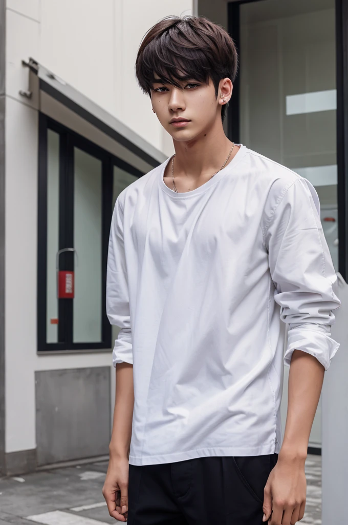 21 years old guy anime look white shirt sleeves up coat in hand full bloody look