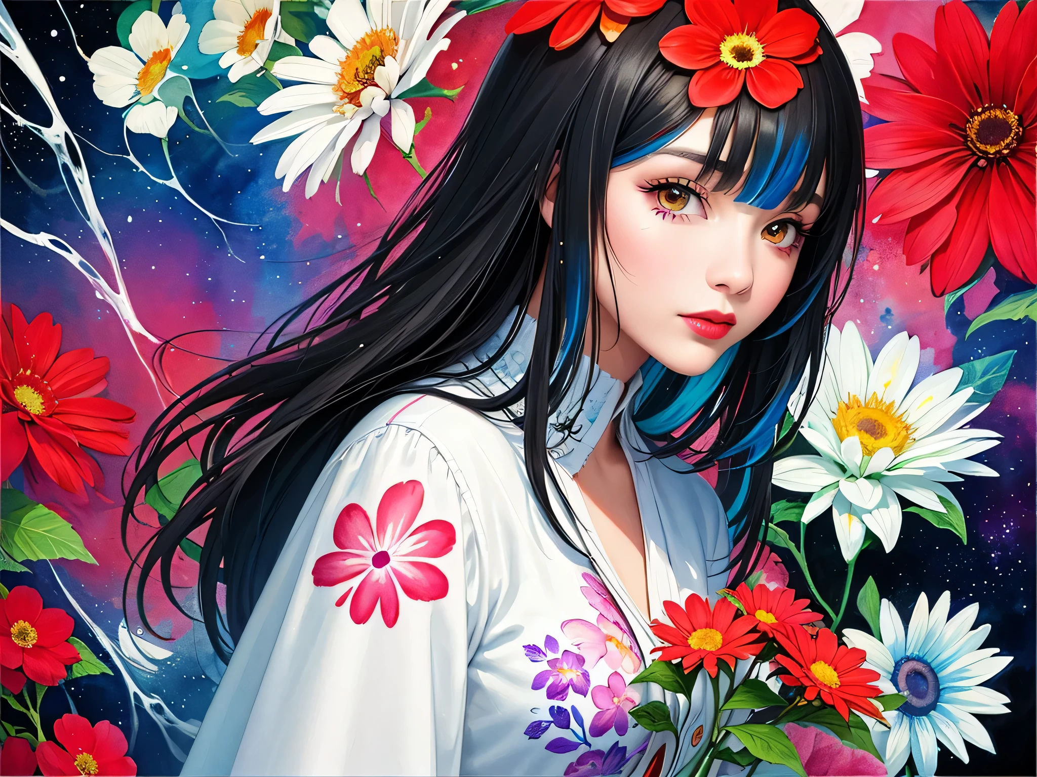 Black Star Red and White Style、(((stylish fashion))), 8K Quality、Intense watercolor, Detailed watercolor art, Watercolor splash, Surreal, avant-garde pop art, Beautiful and expressive paintings, Beautiful artwork illustration, Very colorful tones, wonderful, Cool beauty, highest quality、Official Art, Vector art, Stylish design, (((The most beautiful girl))), Lips in Love, (((highest quality))), HDR, ((detailed)), (((Doodle Art)), ((masterpiece)), ((Super detailed)), (((Colorful flowers))),(((Stylish))), Harbor View Hill