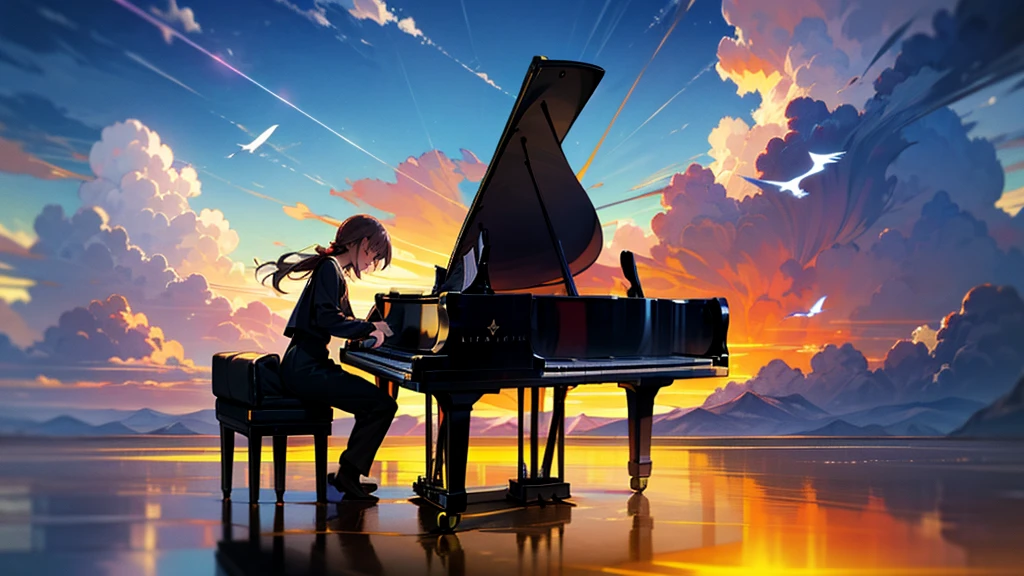A fantastic scene surrounded by a blue sky and clouds is depicted. There is a black piano in the center of the screen, and there are two people, a man and a woman. A man is playing the piano, and a woman is playing the violin next to them. They are both students, young people, and youth. In the background, a white bird is flying, and the ground is The water surface is spreading and it is very beautiful like a mirror. Highly detailed CG Unity 8K wallpaper, cinematic lighting, lens flare, beautiful detailed eyes, landscape, ultra HD, clouds, 8K quality, ultra sharp, real light, surreal,