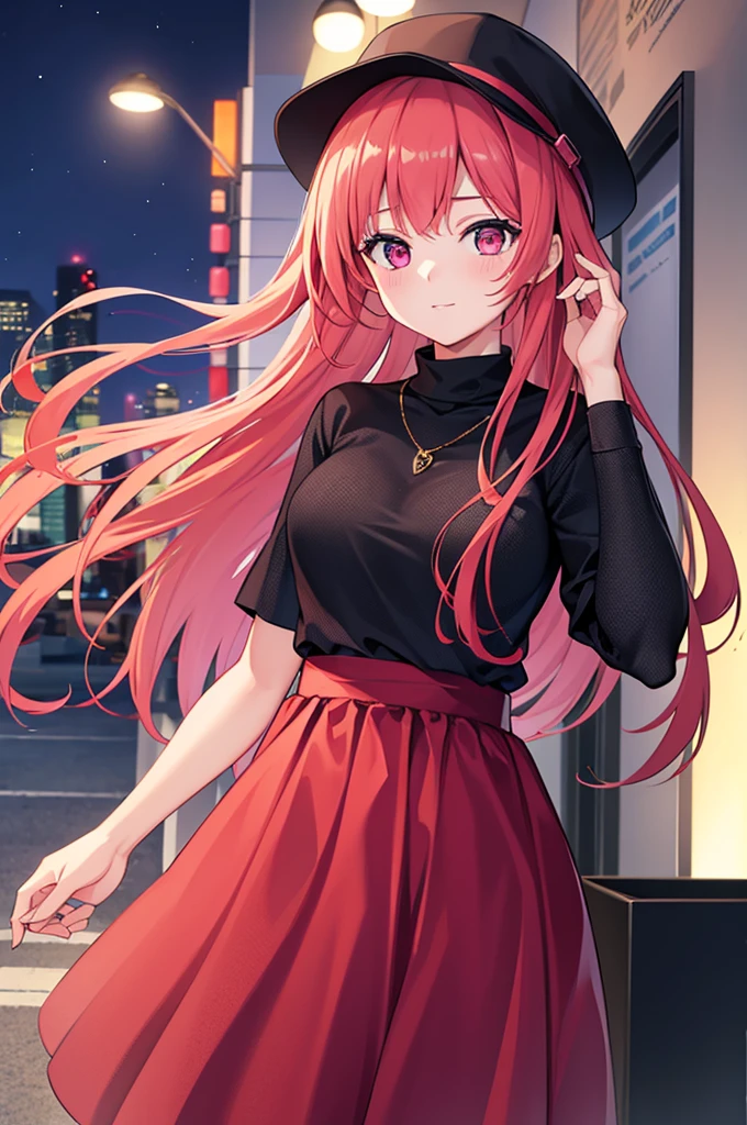 One Girl, Redhead, Pink Eyes, masterpiece, Highest quality, One Girl, City Pop, night, Let's take another look, Upper body, Vector illustration, Jacket, Light Smile, Blunt bangs, Hair length, Lofi Art