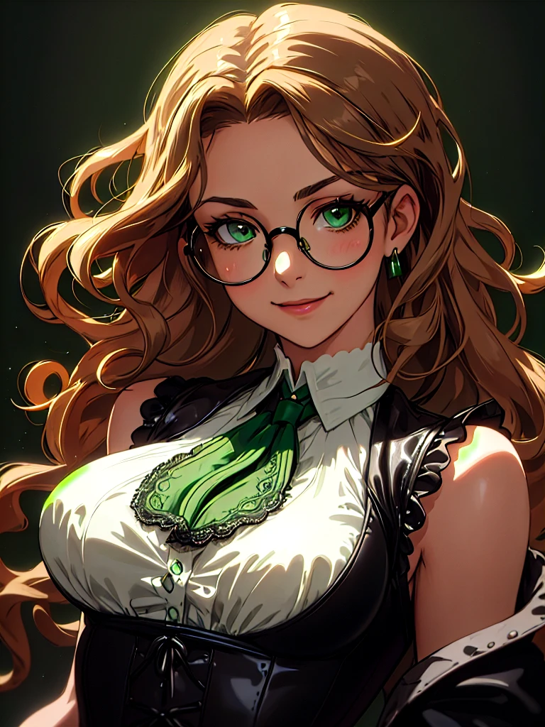 ((Portrait)), She has a Youthful and Fresh Appearance, with a Cheerful Expression and Medium-sized Breasts. Her Emerald Green Eyes Shine above Her Round-lensed Glasses. She has Tousled, Curly and Long Light Brown-toned Hair with Strands Falling Over Her Forehead. She Wears a Victorian Lace Blouse with a Black Sleeveless Leather Vest, Portrait, HDR, ((Dark Background))