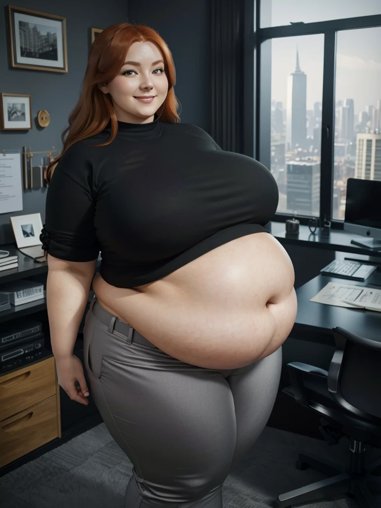 A happy and excited photo of a Beautiful ginger architect SSBBW, with long wavy light Brownish-ginger hair, with big soft fat belly, thicc fat arms, thicc wide legs, big breast, in long gray pants, long black shirt tucked in her pants, black belt, blach elegant shoes in her new modern architect office with a lot of building models and house blueprints, building blueprints on walls, huge window