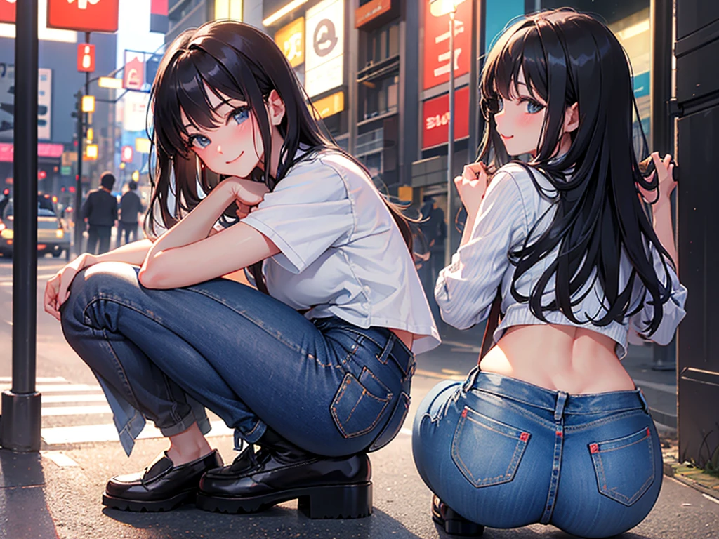 Accentuate your 、smile、Shibuya、squat、Black Hair、denim、evening