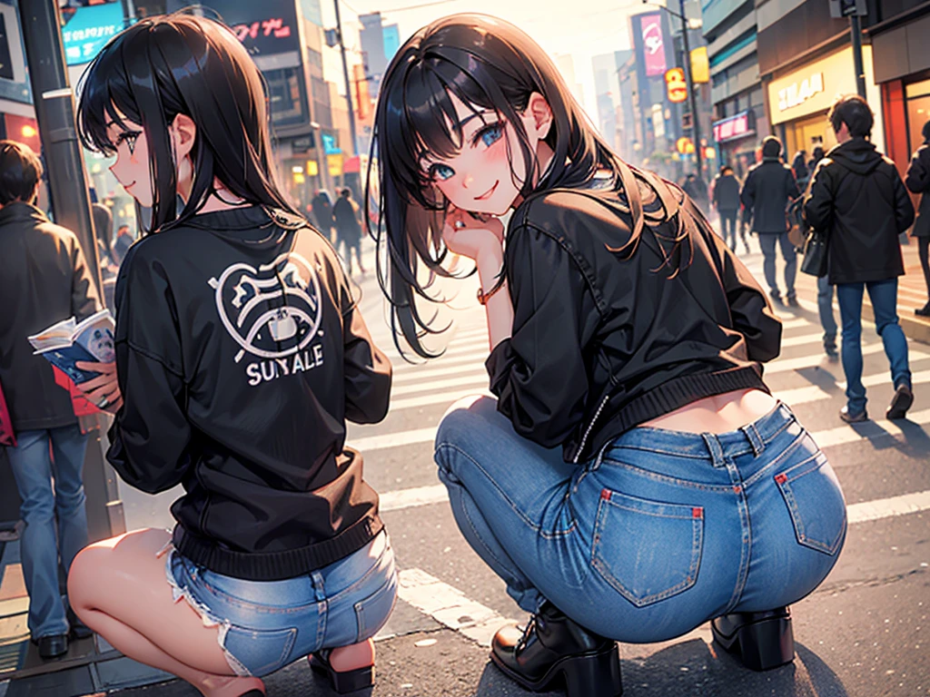Accentuate your butt、smile、Shibuya、squat、Black Hair、denim、evening