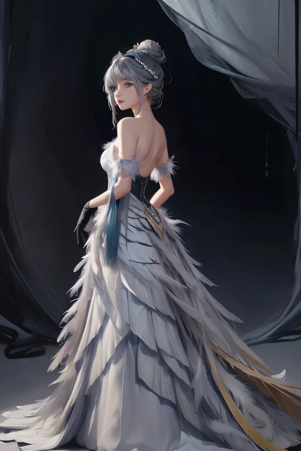peacock, 1girl, solo, dress, gloves,feather dress, looking at viewer, hair ornament, elbow gloves, blue eyes, looking back, full body, standing, hair bun, bare shoulders, long dress, single hair bun, black gloves, flower, bangs, grey hair, closed mouth