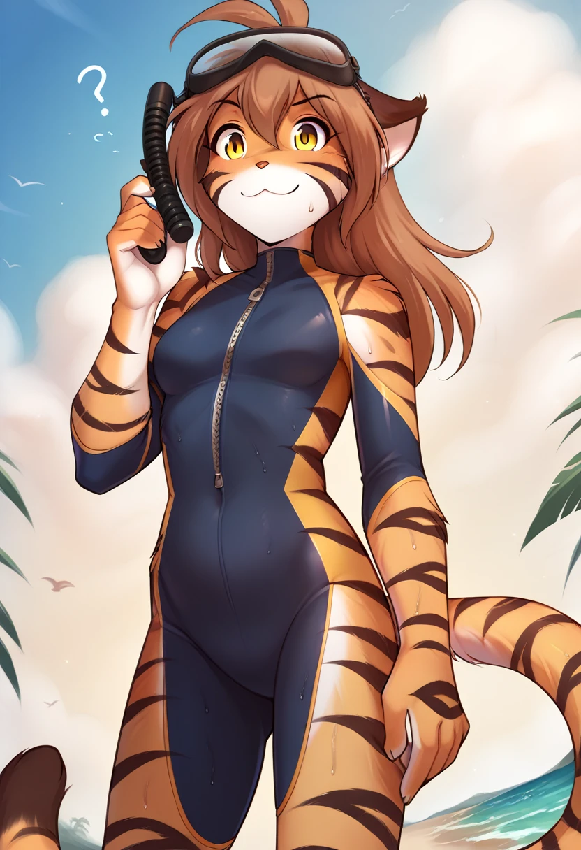 score_9, score_8_up, score_7_up, score_6_up, score_5_up, score_4_up, rating_safe, source_furry, a female anthro fluffy, 1girl, solo, female, furry, anthro, fluffy tail, small breasts, tiger, striped fur, yellow eyes, anthro, confused smile, light (blush:1.05), (sweat:1.1), (sweaty:1.15), (bottom view:1.1), beach background, flora-twokinds, standing, looking at viewer, (shy:1.05), (harpoon in hands:1.01) personalamistyle, (diving mask, wetsuit:1.01)