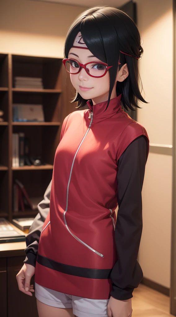 (masutepiece, Best Quality, Capture super cute moments, depth of fields, ultra-detailliert, Ultra High Resolution, C4D, Octadale, 3D Modeling, 8K, 16 K, one girls、a 、A dark-haired、short-hair、straight haired、Light brown eyes,hair adornments、wearing black glasses、A smile)、uchiha sarada