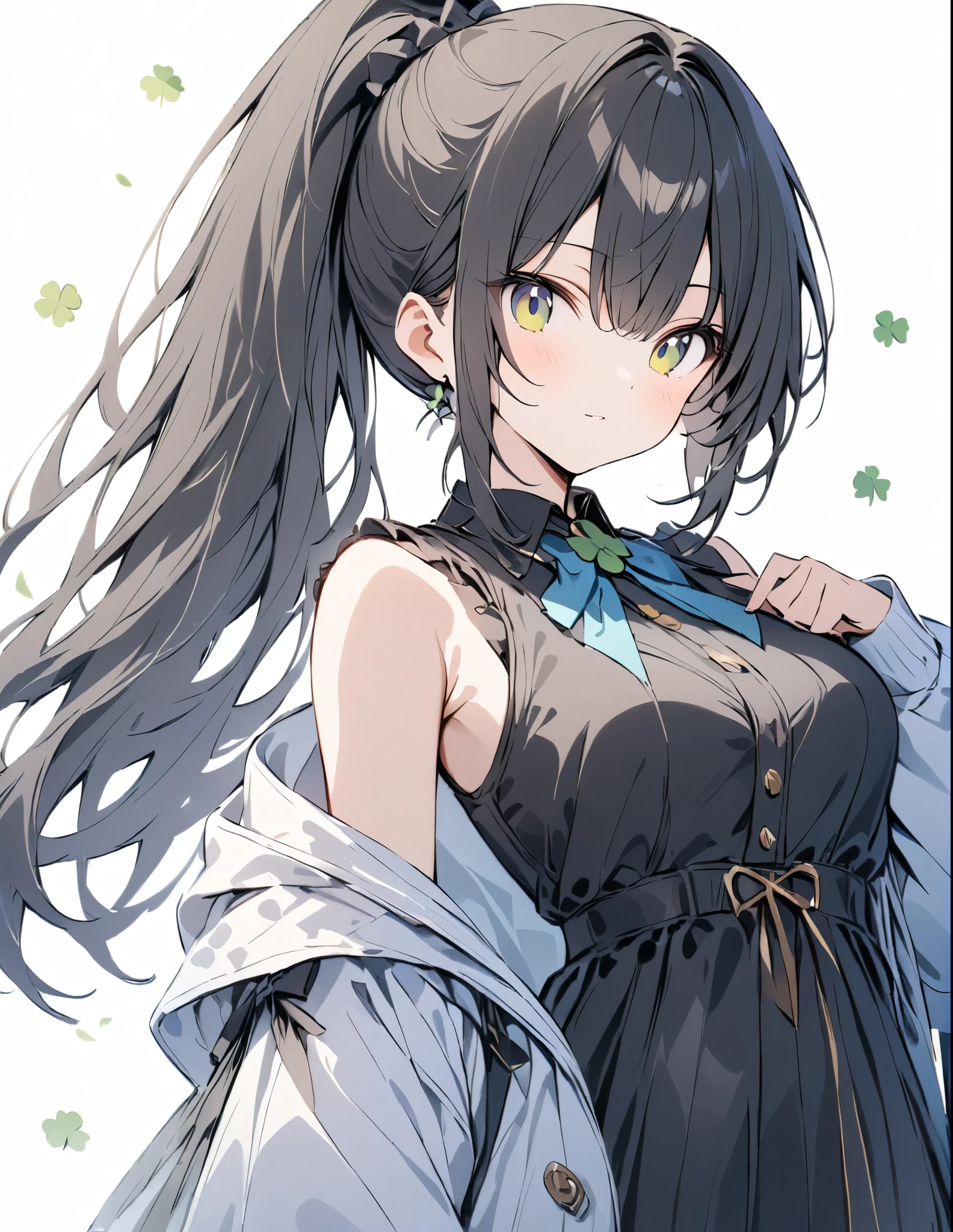 Golden Ratio,Very detailed、Very absurd、超High resolution, Attention to detail, high quality, High resolution, 最high quality, 4K, 8K,White background、(Clover on background margin)、Black Hair、ponytail、Strike a pose for the camera