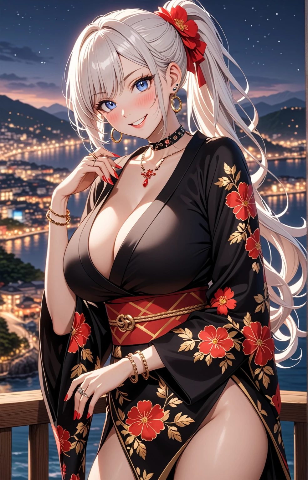 ((One personの女の子)), Beautiful Face, (Laughing embarrassedly), (smirk:1.4), ((Wink:1.5)), (head tilt:1.3), Laugh with your mouth wide open, upper teeth, looking at viewer, (Doing sexy poses), ((full-face blush:1.6)), Glossy Red Lips, (Big Breasts:1.4), night,Terrace with sea view, Glossy pink lips, Shining Face, ((Anime style background)),masterpiece, Highest quality, so beautiful,up to date, Complex details, (long nails of red color), (nail art), (ring),(bracelet),(Floral choker), (ring helix piercing:1.5), AI-generated, Complex,High resolution, Highest quality, super high quality,3D Images、3D Images,One person,Long white hair,High Ponytail, Anime woman posing for a photo, ((silver eyes:1.5)), ((Fine grain、blue eyes、Shining Eyes:1.3)), (Squint your eyes:1.1),a hyperRealistic , hyperRealistic , Realistic,Anime woman with long white hair, Smooth anime CG art, (A woman in a colorful kimono with gold embroidery), ((Black long sleeve kimono:1.3)), Red floral pattern,Long flower hair ornament,Earrings,Mature Body,Tall,Abdominal muscles,Tight waist, ((face focus:1.8)), (front view:1.3),