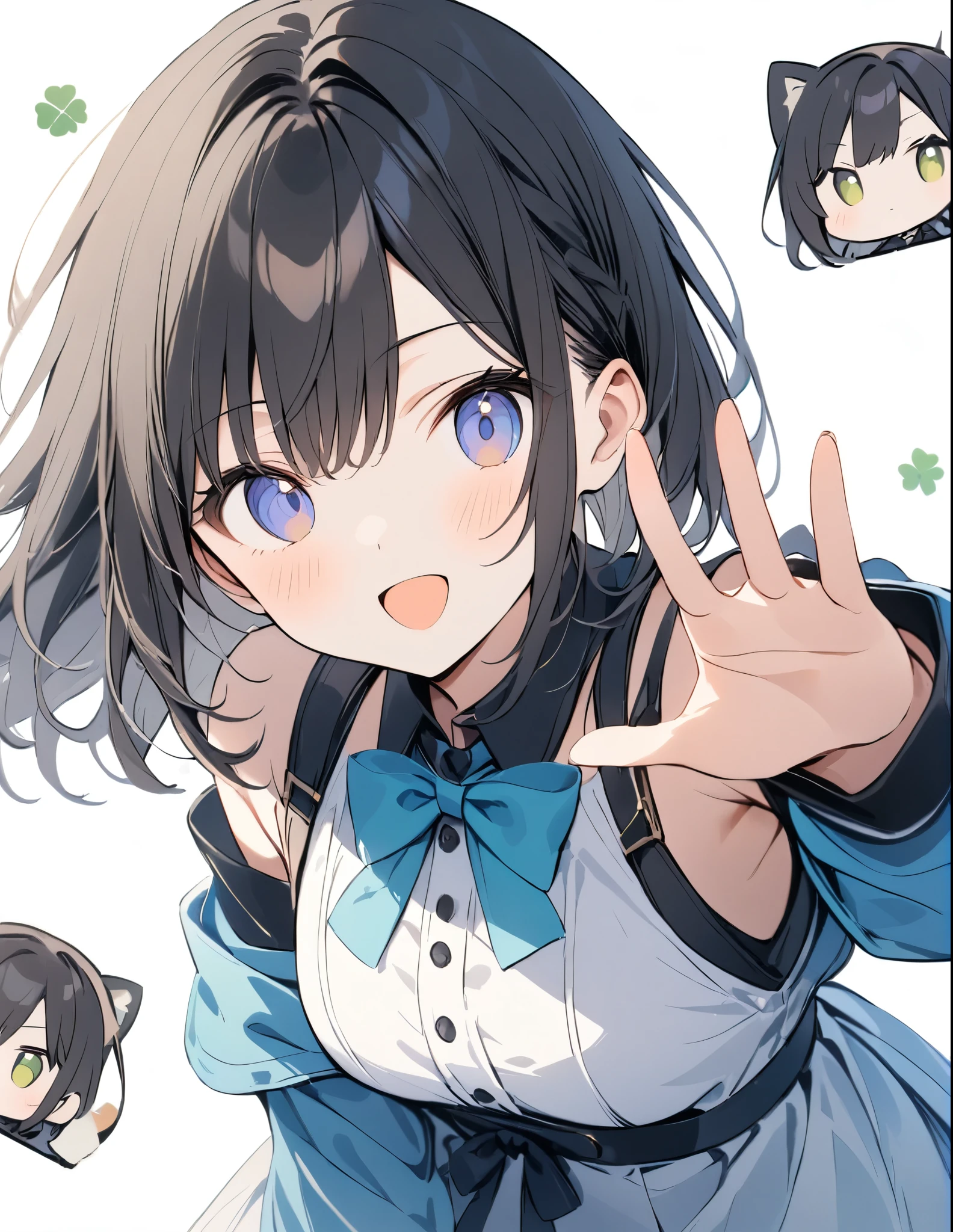 Golden Ratio,Very detailed、Very absurd、超High resolution, Attention to detail, high quality, High resolution, 最high quality, 4K, 8K,White background、(散らばるClover on background margin)、Black Hair、Random hairstyle、Strike a pose for the camera