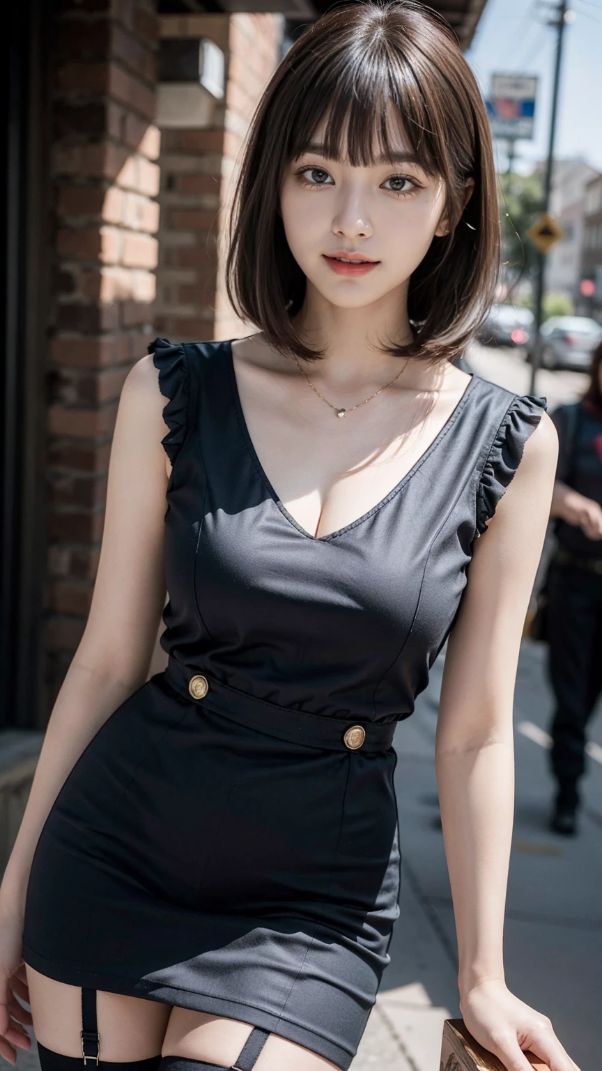 8K、High resolution、high quality、Realistic、whole body、walking、expensive、all、short hair、Brown Hair、double、woman、Late 20s、Long face、Japanese、expensive鼻、Straight nose、Mid-chest、noon、Navy knit dress、のwoman、Small face、Round face、Fine dining、High floors、Sitting in a chair、Night view