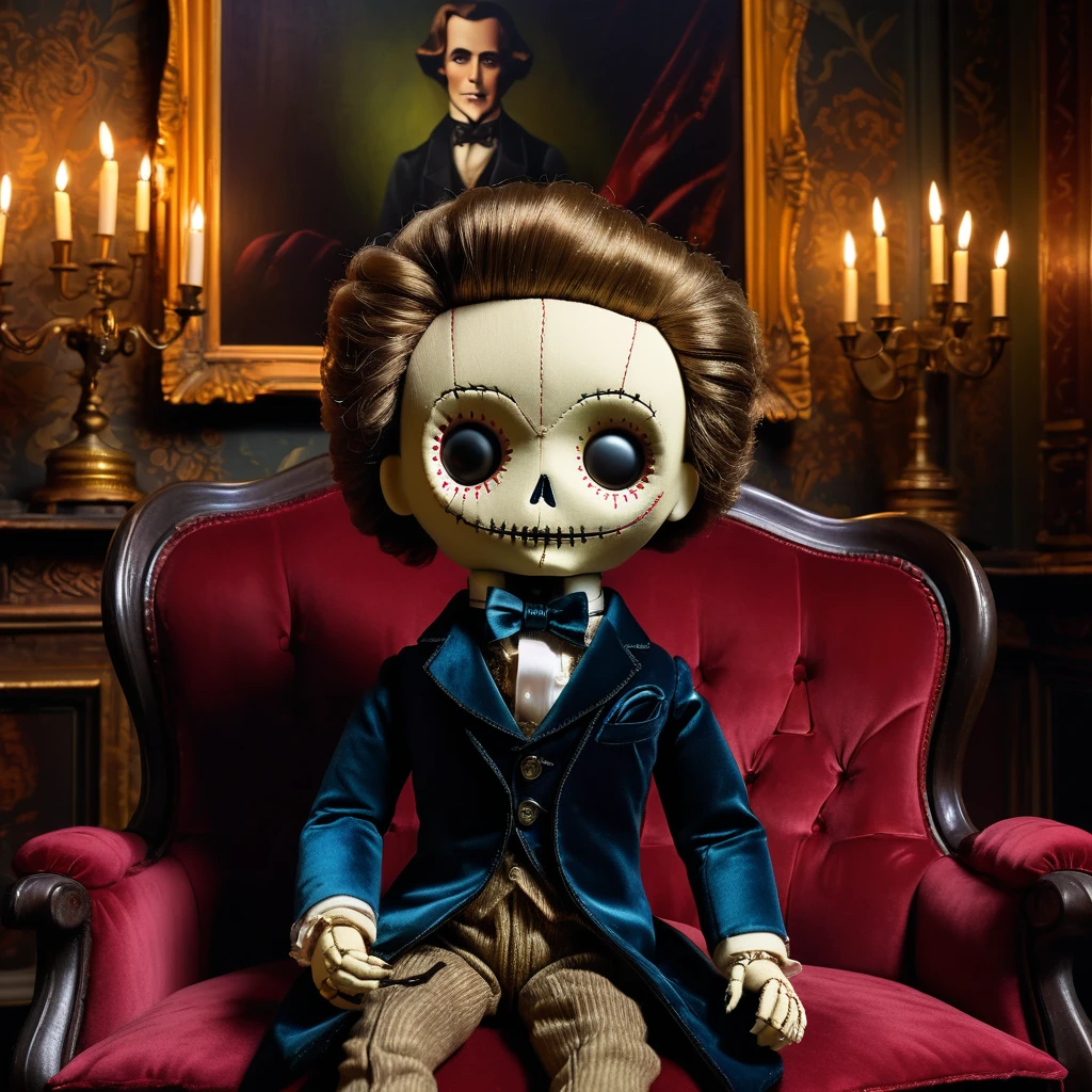 (knitted toy voodoo doll:1.7), (Voodoo Dorian Gray:1.3), (Clothing: Victorian-era suit with a velvet coat and cravat:1.0), (Accessories: enchanted portrait emitting an eerie glow, floating aging brushes:1.1), (background: opulent Victorian mansion with ornate furniture, mysterious shadows, and an atmosphere of decadence and decay:1.2), best quality, masterpiece, detailed soft oil painting, detailed background, dramatic cinematic lighting, soft edge lighting, professional, dramatic lighting, hard edge lighting, ultra quality, 4k, masterpiece, best quality, 8k, ultra high definition, high resolution, extremely detailed