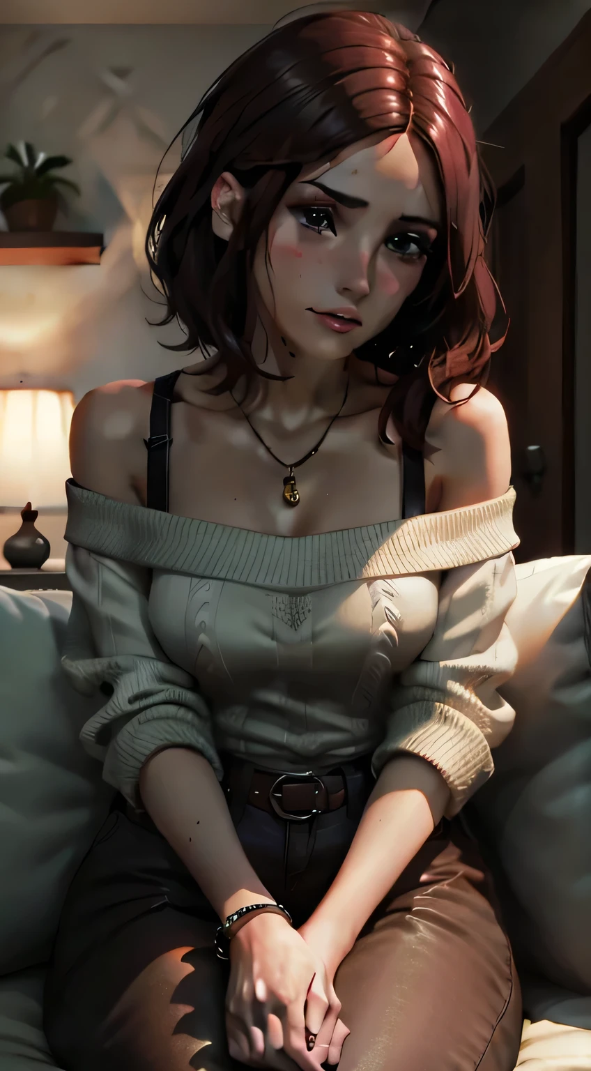 Amazing portrait of a sexy and cute woman who is your best friend's sister who is alone at her  home having a late night gaming session with her brown hair in a short bob style with soft eyes and parted lips with a deep blush wearing an off shoulder oversized grey sweater sitting on a  couch during night time and it's raining outside with warm lighting inside