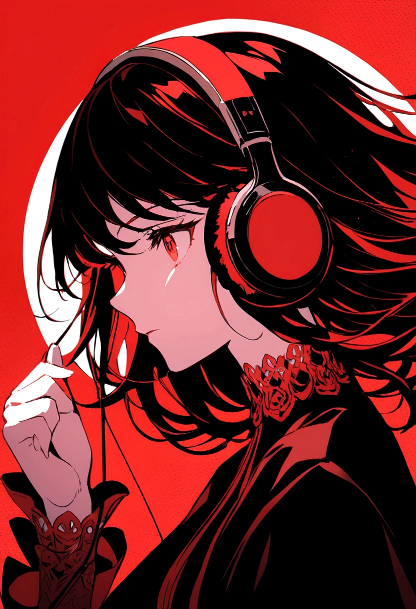 ((Ink Painting)), (((1 girl))) (((gorgeous hair accessory))), Japanese style headphones, Face close-up, Beautiful Japanese Girls, Black Hair, Put your hands on your face, smile, devil, Droopy eyes, Red eyes