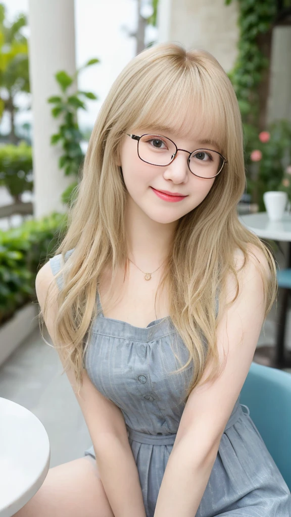 masterpiece、４K、Looking into the camera、Take a selfie from the front、（Cute smile 1.6）Close-up shot、18-year-old female、Light blonde、With bangs、｟Loose and fluffy hair｠、Fashion Model、Cafe Terrace、Instagram、Cute Woman、Wearing glasses