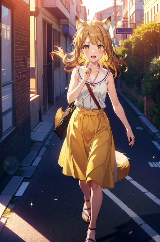 Irohaisshiki, isshiki iroha,Long Hair, Brown Hair, (Brown eyes:1.5), happy smile, smile, Open your mouth,animal(Fox Ears,Fox tail),Yellow sleeveless dress,Yellow long skirt,Cute Sandals,Carrier,background（Ships at anchor）,port,My hair is blowing in the wind,Holding her hair with her right hand,whole bodyがイラストに入るように,Are standing,morning,morning陽,The sun is rising,
break outdoors, port,Ocean,
break looking at viewer,whole body,
break (masterpiece:1.2), Highest quality, High resolution, unity 8k wallpaper, (shape:0.8), (Beautiful and beautiful eyes:1.6), Highly detailed face, Perfect lighting, Highly detailed CG, (Perfect hands, Perfect Anatomy),