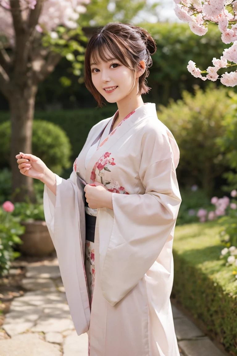 short hair, very sexy, 20 years, kimono, stand in a Garden, cherrytree, enjoying the sun, very happy, big , nsfw,