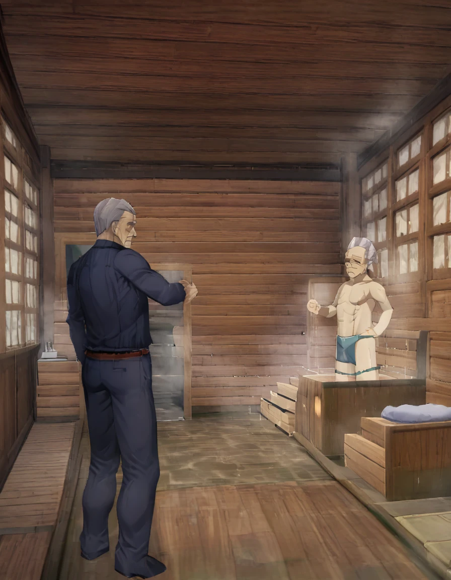 Draw a large sauna with an old man standing