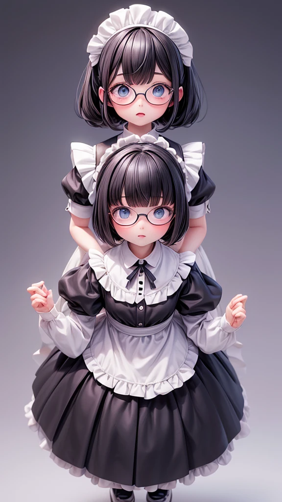 Clean background、Stand upright and symmetrically, Show Viewer,1 female,Black Hair, ,,Good style,,(look forward to)(((Blushing、Surprised expression)),Frameless Glasses,blue eyes,(((Evenly space your bangs)))Full body image、look forward toいる、Stand upright and symmetrically,Show Viewer,Full Body Shot, Wide-angle,Maid服、Maid、evil,overhead shot