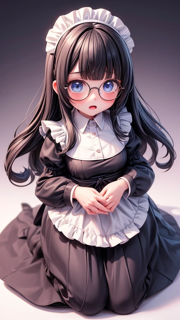 Clean background、Stand upright and symmetrically, Show Viewer,1 female,Black Hair, ,,Good style,,(look forward to)(((Blushing、Surprised expression)),Frameless Glasses,blue eyes,(((Evenly space your bangs)))Full body image、look forward toいる、Stand upright and symmetrically,Show Viewer,Full Body Shot, Wide-angle,Maid服、Maid、evil,overhead shot