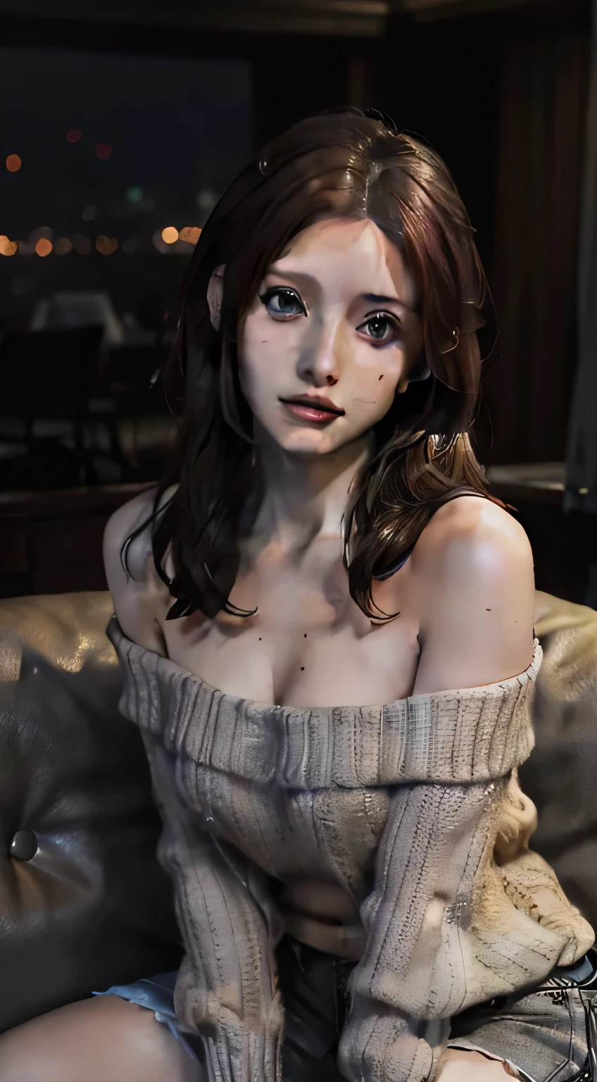 Amazing portrait of a sexy and cute woman who is your best friend's sister who is alone at her  home having a late night gaming session with her brown hair in a short bob style with soft eyes and parted lips with a deep blush wearing an off shoulder oversized grey sweater sitting on a  couch during night time and it's raining outside with warm lighting inside