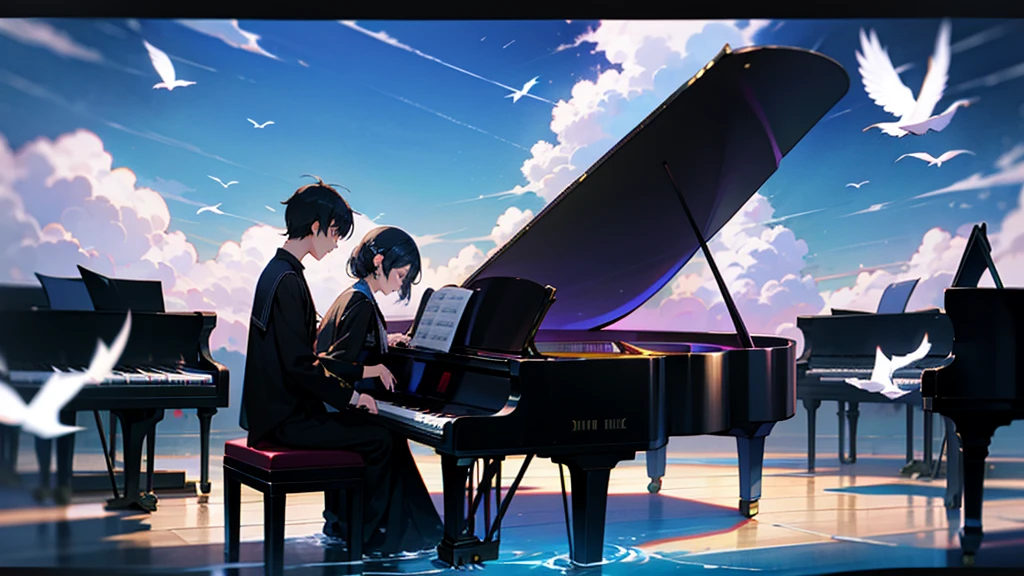 青空とcloudに囲まれた幻想的なシーンが描かれています。 There is a black piano in the center of the screen.、There are two men and two women、Man playing piano、A woman playing the violin、Both are students、Young people、youth、White birds are flying in the background、The ground is covered with water.、It's so beautiful, like a mirror.。Highly detailed CG Unity 8k wallpaper、Cinematic lighting、Lens flare、Beautiful detailed eyes、landscape、Ultra HD、cloud、8K quality、Ultra Sharp、Real Light、Surreal