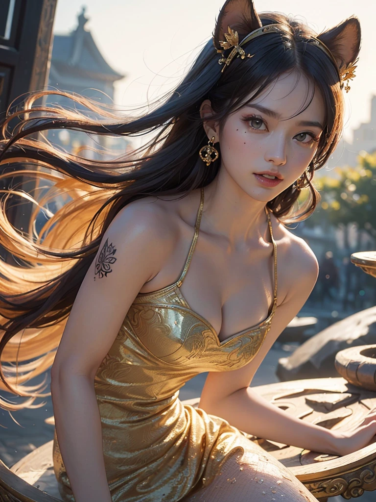 Top quality, masterpiece, ultra high definition, (Reality: 1.4), Original photo, 1Girl, brown eyes, off-shoulder, cinematic lighting, big, dark eyeliner, brown hair, wind, necklace, piercing, bangles, abs, buckshot, back,