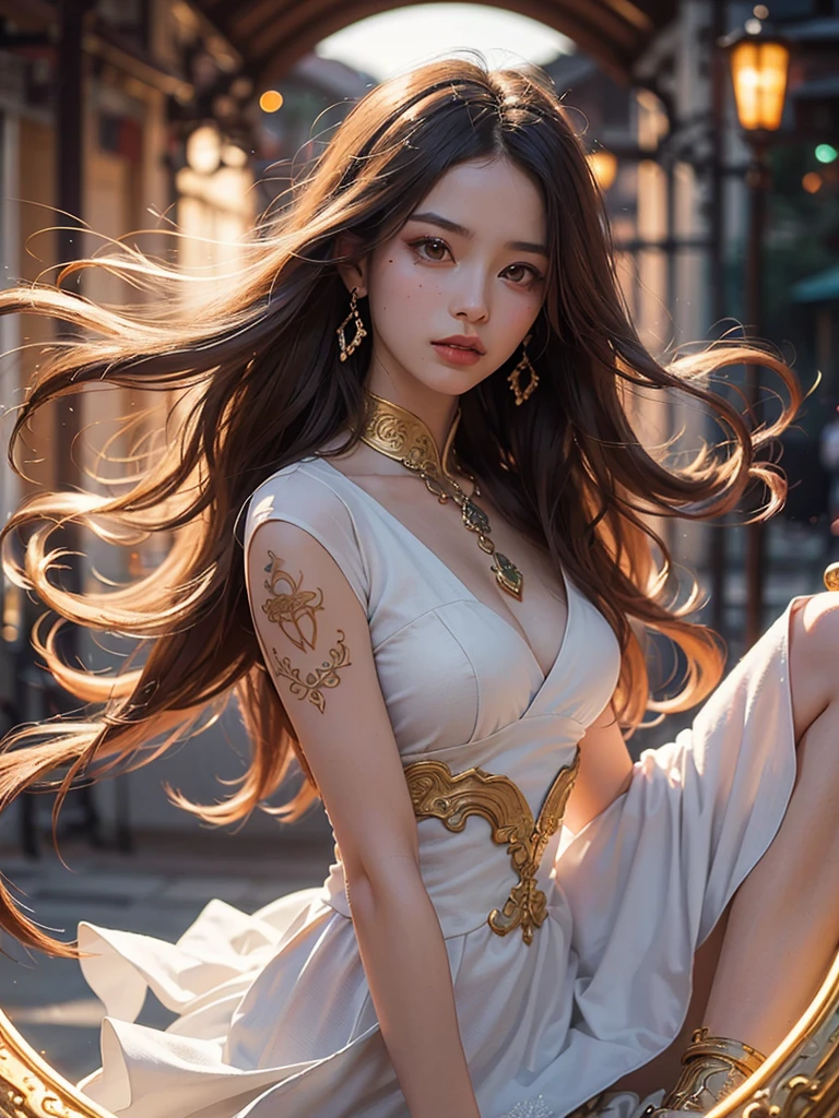 1girl,solo,20-year-old girl, close-up,walking in a busy market in Ho Chi Minh City, Wearing a floral AoDai, amethyst earrings, amethyst necklace, gold bracelet, delicate eyes, delicate face, big breasts, dark red hair,high ponytail,shiny skin, perfect body, perfect hands, perfect feet, the best masterpiece, masterwork, ultra-realistic photos of people, high-quality, high-quality, HDR, ultra-high resolution drawing,