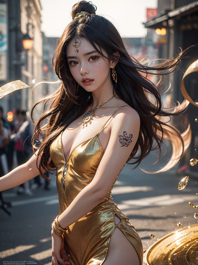 Unbeatable tmasterpiece, ultra real photo , Perfect artwork , Complicated details , Best quality , strong lights , hight contrast , dynamicposes , holland angle , (bblurry, depth of fields, bblurryforeground:1.35) , exquisite face , exquisite background , lgirl , white long hair , fang , golden ripple,golden vortex , cheek tattoo , chinese antique ,