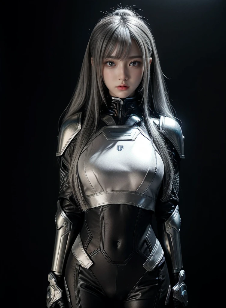 cyber angel,machine wing,laser sword,{{Sci-Fi Armor}},cyber suit,cyberpunk,science fiction,cyber battle armor,Battledress,Military Uniforms,pants,black military uniform,whole body,Height: 168cm,almond shape eyes,{{{{{silver eyes}}}}},{{{{{dull bangs}}}}},(slanted eyes},{{whole body},{{{1 girl}}}, long hair, straight hair,{{{{silver hair}}}},{{{tsurime}}},30 years old,{Medium chest},{{bush}},silver eyes,{{{masterpiece}}}, {{{highest quality}}}, {{Super detailed}}, {shape}, {{very delicate and beautiful}},very detailed,detailed perfect,detailed hyper,Abundant thighs,big ass,black clothes