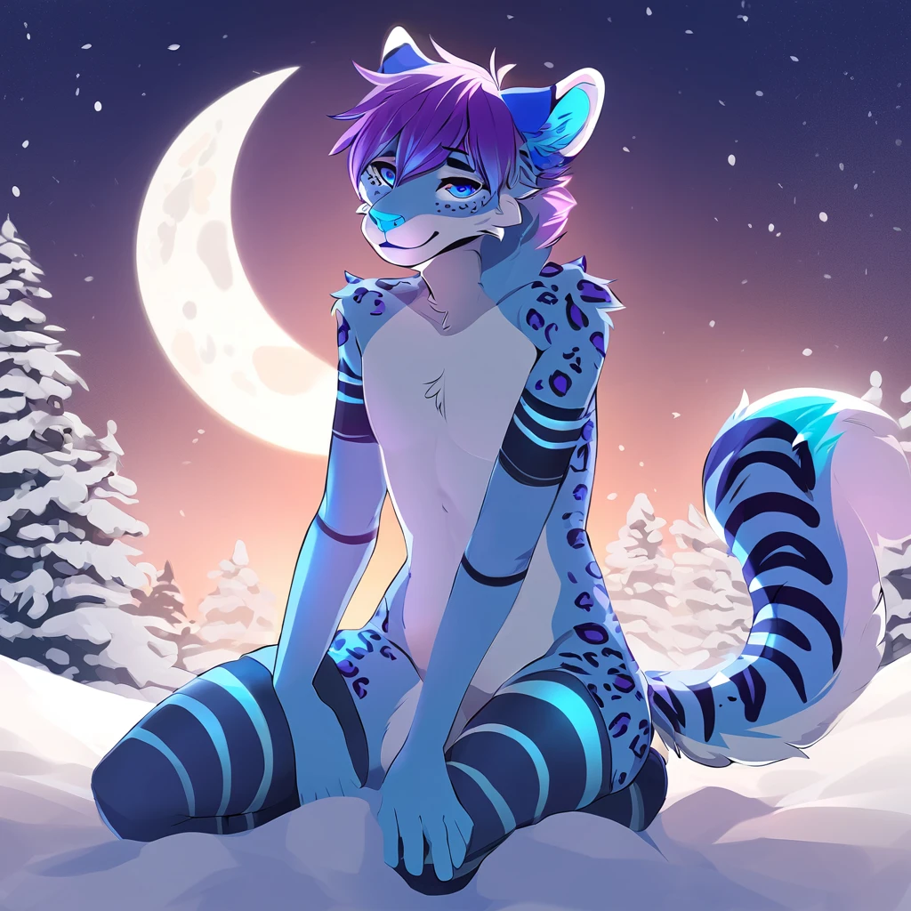 adult, feline, mammal, anthro, anthromorphic, snow, leopard, striped_feline, fur, furred_anthro, fluffy_tail. femboy, male, bangs, ear_tufts, blue_nose, blue_fingers, hair_tuft, hair_between_eyes, short_tail, fluffy, feline_ears, expressive_eyes, purple_hair, light looking_at_viewer, legs, legs_visible, thighs, blue_paws, blue_fur, shy, small_pupils, spotted_pattern, stripes, tail, tail_connected_to_body tiger_stripes, digital_art, high_resolution, high_res, moon_background, fit, thigh_high, thigh_high_socks, blue_thigh_high_socks, light_blue_and_white_striped