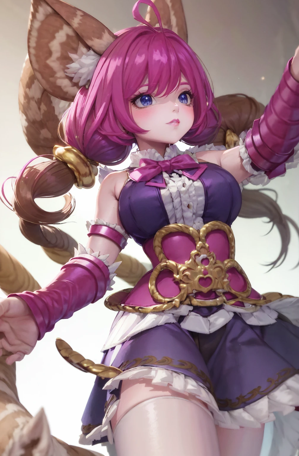 (detailed background), masterpiece, best quality, Mobile_Legends_Alice, blunt_bangs, thigh_highs, pink_eyes,
 (Realistic painting style:0.9), masterpiece, ((Best quality)), absurdres, looking at viewer, no pupils,(( detailed eyes)), alternate costume, 1girl, , golden eyes, solo,white hair , black hair, multicolor hair, bow, purple bow, shirt, white shirt, looking at viewer, bangs, skirt, blue eyes, bowtie, multicolored hair, long hair, frills,
blush,collared shirt, black bowtie, hair bow, standing, black skirt, bow-shaped hair, blunt bangs, smile, sidelocks, blue bow, shirt tucked in, sleeves rolled up, center frills, gradient hair, dress shirt, light particles, blue hair, big breasts ,twintail, gothic clothing, gothic dress, mini skirt, outdoor, castle, cloud, multicolor clothing, gothic apron, garden flower,  cute face, wielding a katana, gothic lolita, 