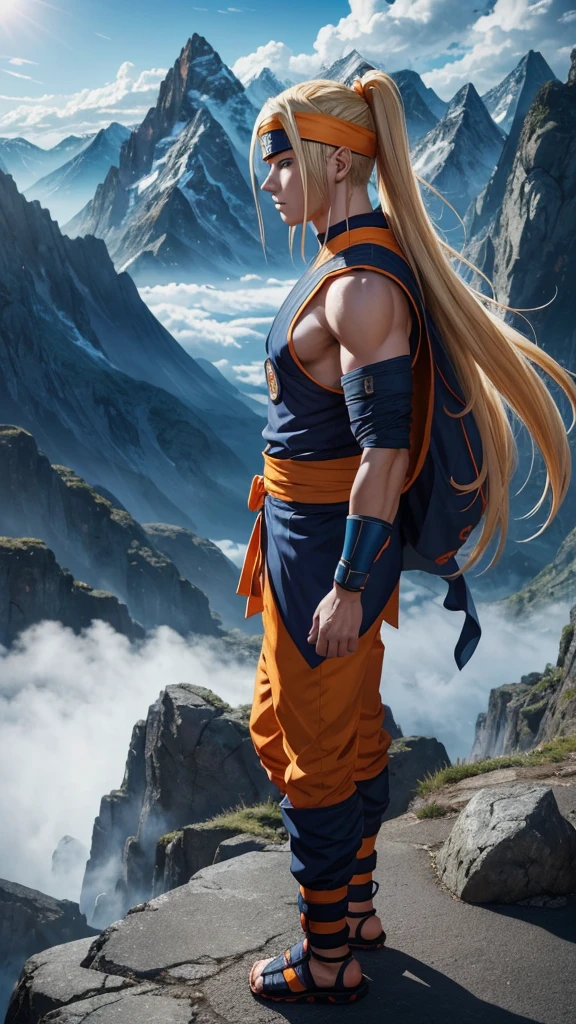 Naruto anime character, side view, standing pose, confident expression, piercing blue eyes, detailed facial features, long blonde hair, headband, orange and blue ninja outfit, detailed folds and textures, dynamic pose, detailed background, scenic landscape, mountains in the distance, sunlight filtering through clouds, cinematic lighting, highly detailed, 8K, photorealistic, digital painting, concept art style