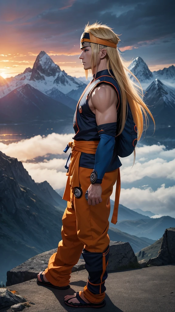 Naruto anime character, side view, standing pose, confident expression, piercing blue eyes, detailed facial features, long blonde hair, headband, orange and blue ninja outfit, detailed folds and textures, dynamic pose, detailed background, scenic landscape, mountains in the distance, sunlight filtering through clouds, cinematic lighting, highly detailed, 8K, photorealistic, digital painting, concept art style