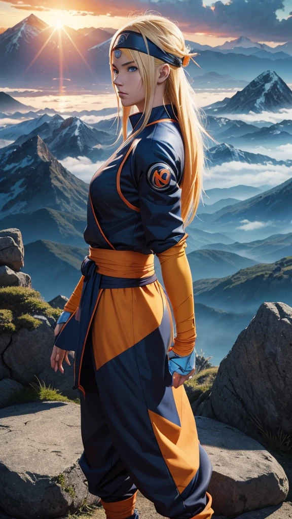 Naruto anime character, side view, standing pose, confident expression, piercing blue eyes, detailed facial features, long blonde hair, headband, orange and blue ninja outfit, detailed folds and textures, dynamic pose, detailed background, scenic landscape, mountains in the distance, sunlight filtering through clouds, cinematic lighting, highly detailed, 8K, photorealistic, digital painting, concept art style
