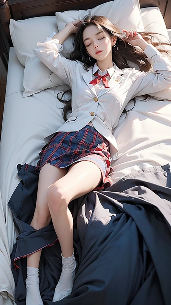 8K、RAW Photos、Highest quality、Super detailed、Super Resolution、Ultra HD、8K壁紙、Amazing details blazer uniform girl ((White blouse with formal collar, Blue Blazer,
Red Check Skirt, Red checkered ribbon on blouse)), Complete limbs, Full Finger,
(((A woman is sleeping with her eyes closed)))Brown Hair、White skin
(((((Full body photo)))))
(( and bra are visible))