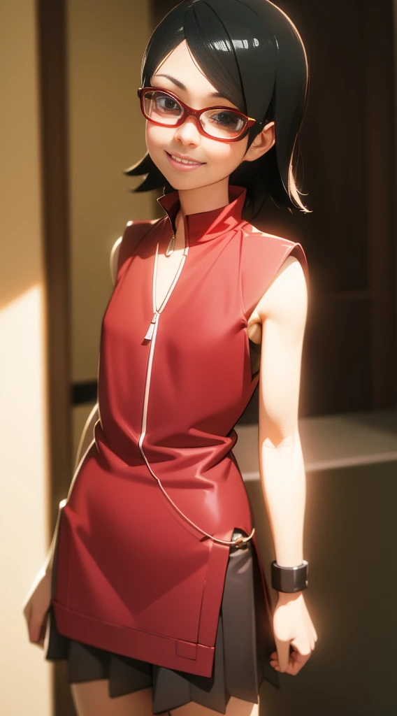 (masutepiece, Best Quality, Capture super cute moments, depth of fields, ultra-detailliert, Ultra High Resolution, C4D, Octadale, 3D Modeling, 8K, 16 K, one girls、a junior high school student、A dark-haired、short-hair、straight haired、Light brown eyes,hair adornments、wearing black glasses、A smile)、uchiha sarada