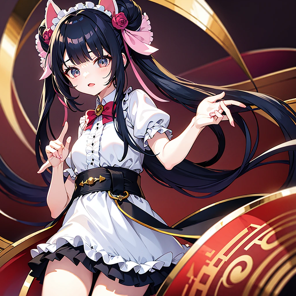 ((Highest quality)), ((masterpiece)), (detailed), Fine Lines, (Big eyes, Droopy eyes, Lower eyelid corners droop), (Black Hair, half twintail, Long Hair, blunt bangs), ribbon, Frills, Pastel feel, Face close-up, One girl, Background pink, paw pose