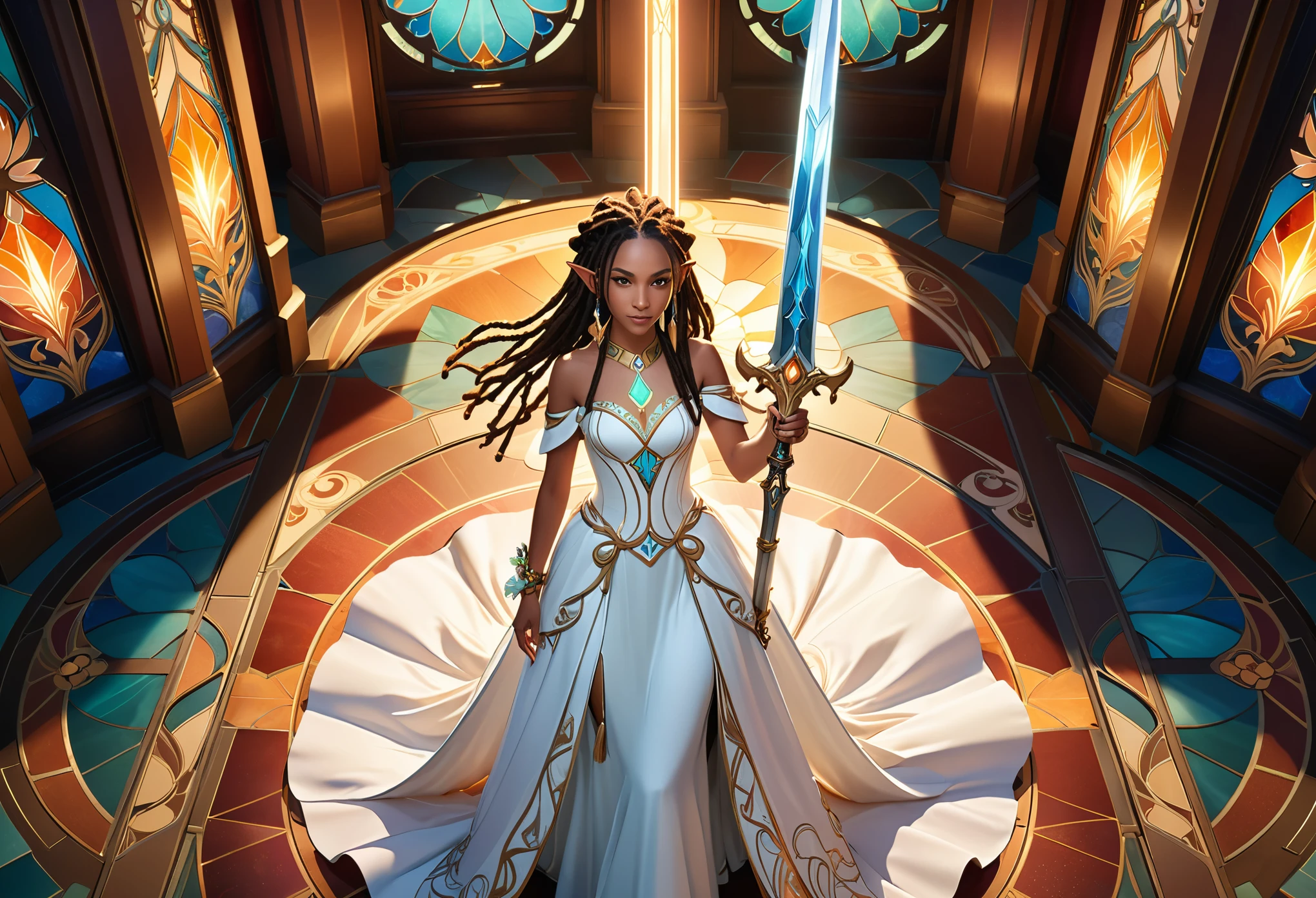 (((Overhead View))), ),full body, telephoto lens, abstract background, masterpiece, best quality, official art, extremely detailed CG unity 8k wallpaper, highly detailed, female, elf, hair over shoulder, dreadlocks, ribbon, bracelet, drop earrings, jewelry, wedding dress, holding (((((glowing greatsword)))), theater, stain glass, genshin impact, illustration, ((art nouveau))