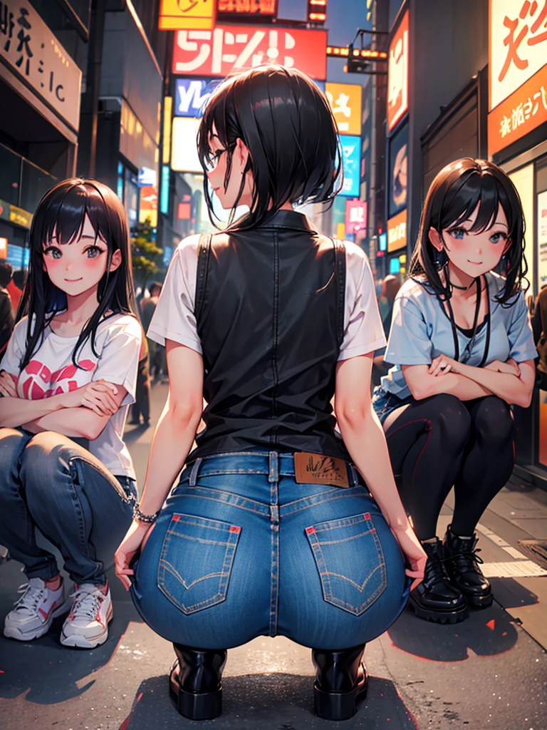 Accentuate your butt、smile、Shibuya、squat、Black Hair、denim、evening